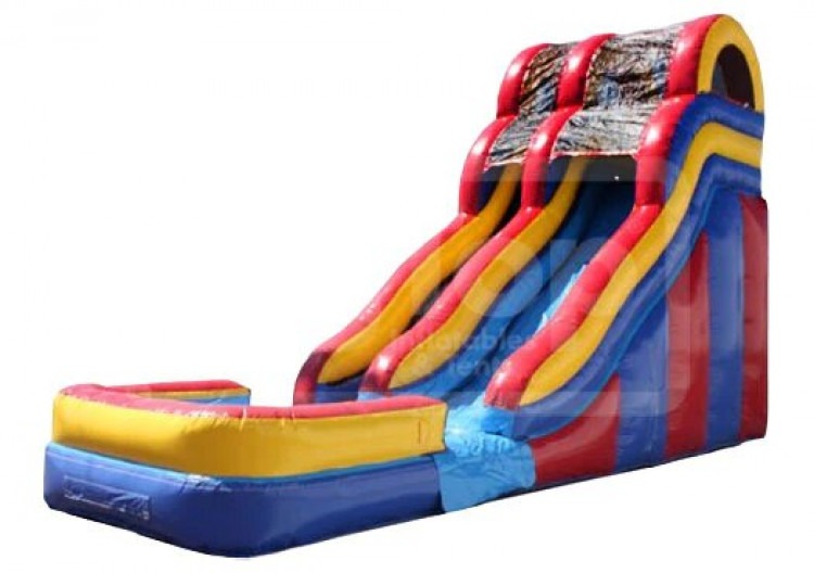 a red and blue inflatable slide