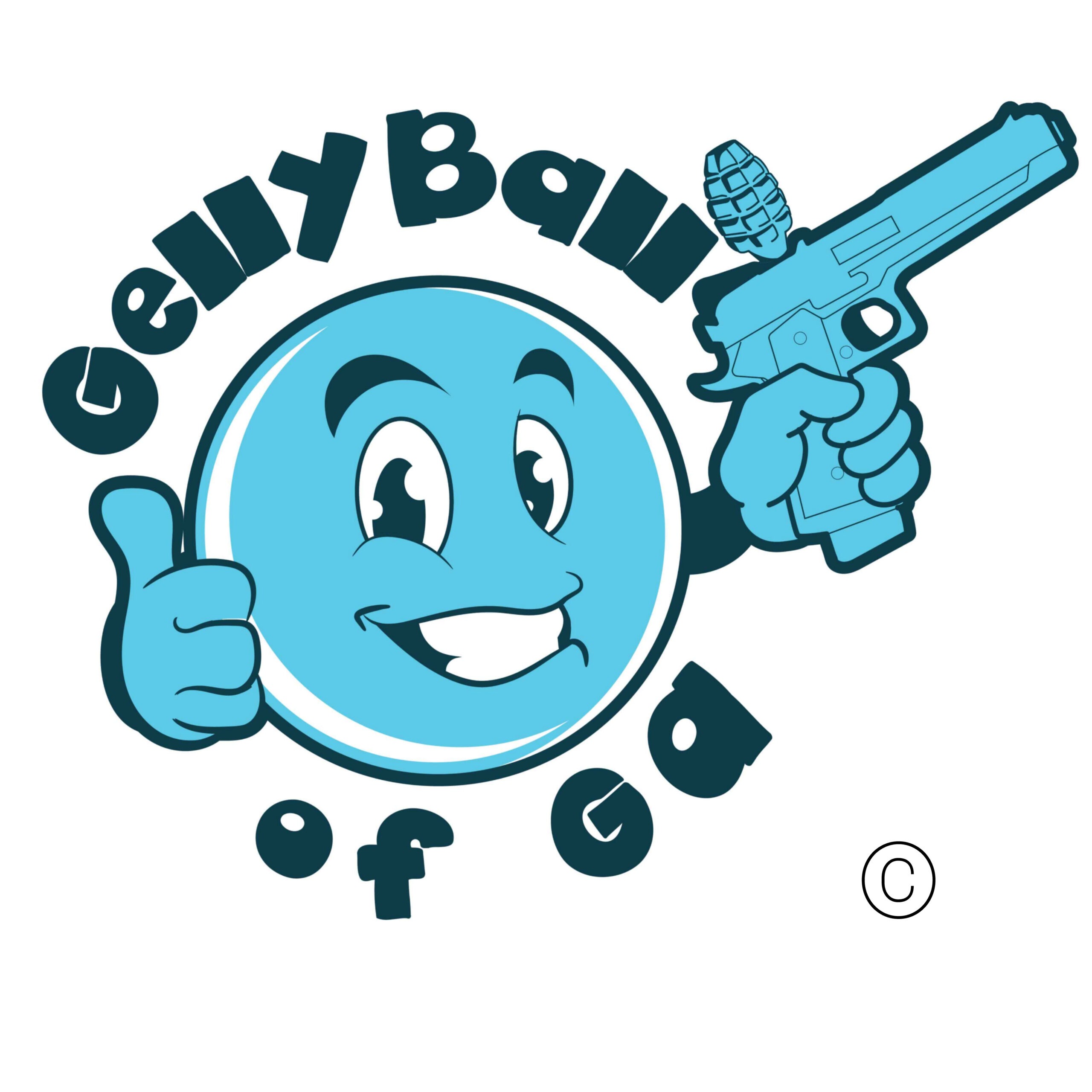 Official GellyBall of GA logo featuring a smiling blue mascot with a thumbs-up gesture holding a GellyBall blaster, accompanied by a copyright symbol.